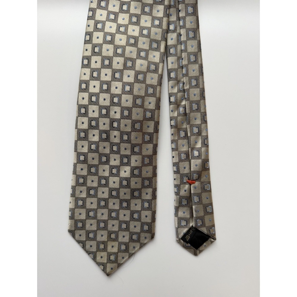 Ermenegildo Zegna Silk Tie Italy Beige Geometric Squares Luxury 3.75" Classic
